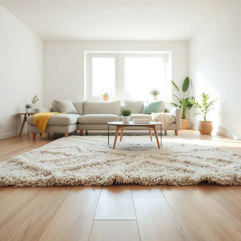 Plush neutral soft area rug in a bright living room with sofa, coffee table, and warm natural light