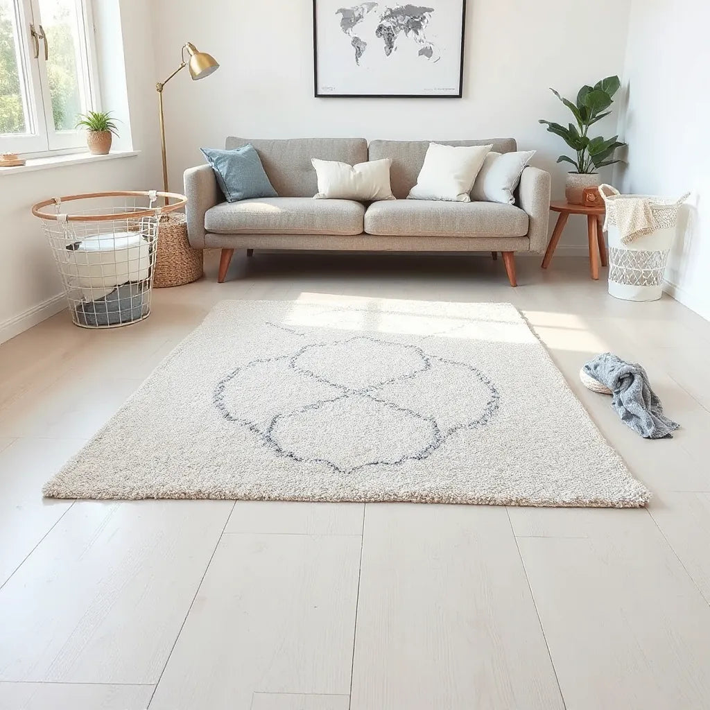 Modern geometric washable rug in a bright living room with simple cleaning items nearby