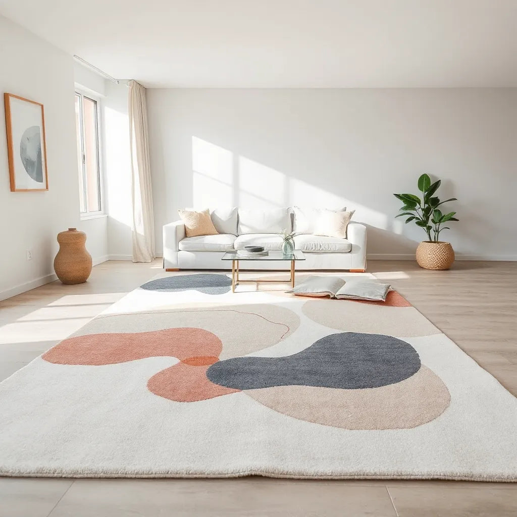 Abstract design rug with modern flowing shapes in a bright living room