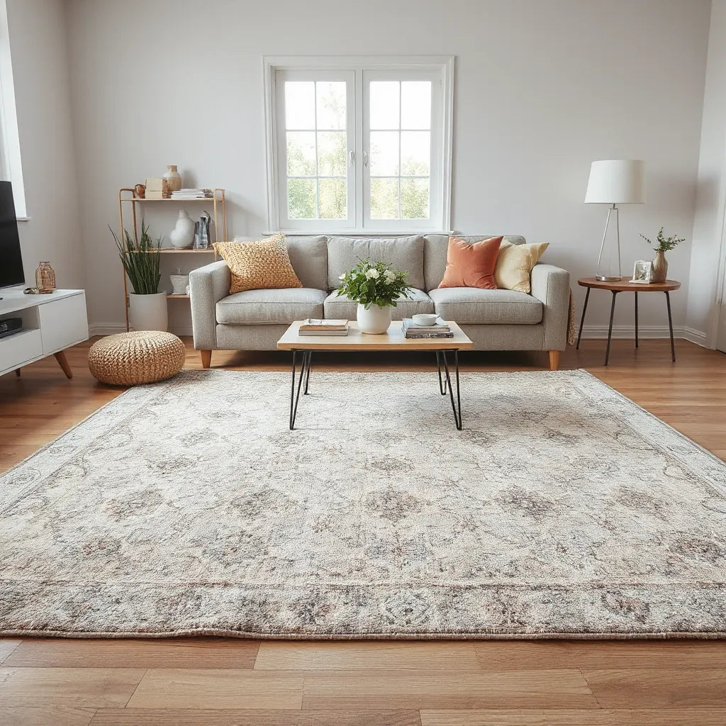 Modern living room with a stylish patterned rug under a coffee table and neutral sofa