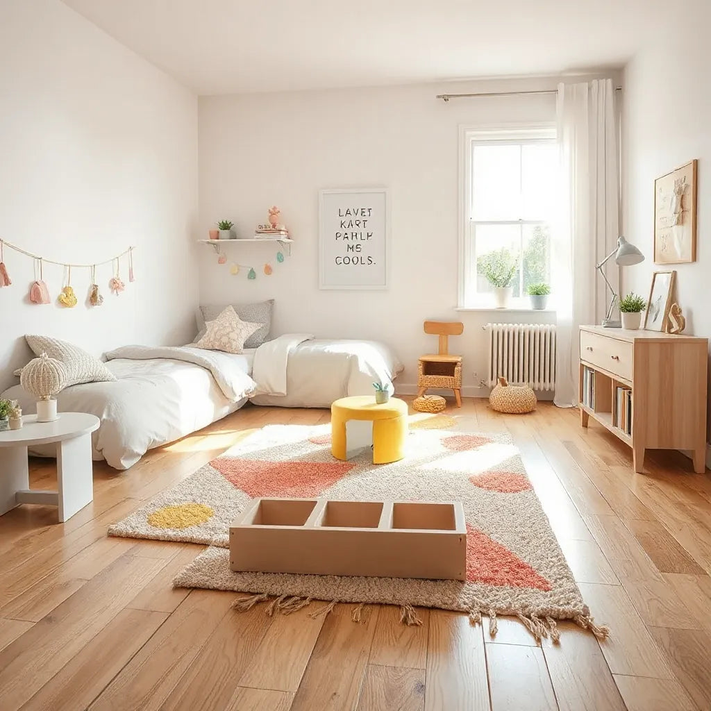 Colorful kids rug in a bright bedroom play area with soft furnishings and toys nearby