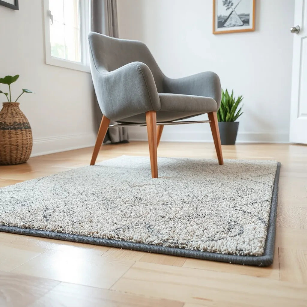 Non-slip area rug on hardwood floor with traction backing visible under furniture