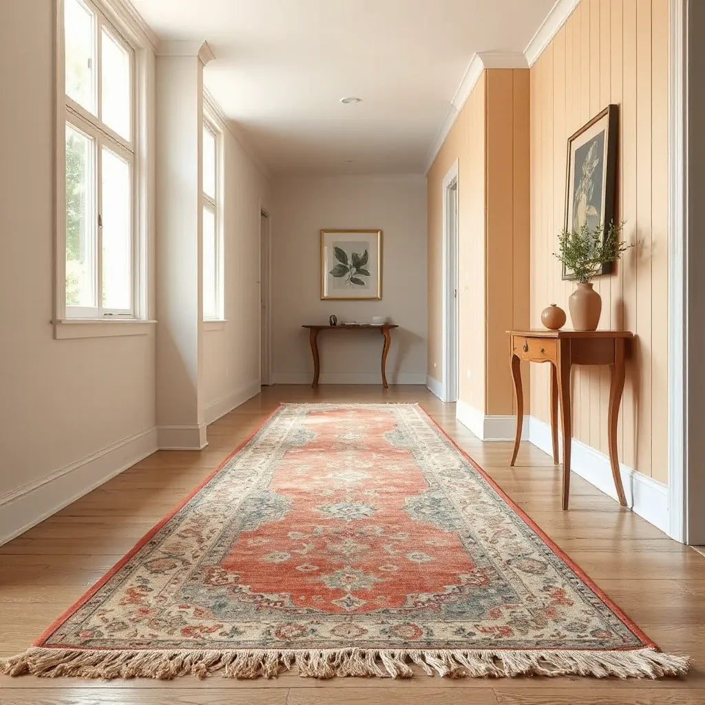 Vintage-pattern runner rug on a bright hallway floor with minimal classic decor