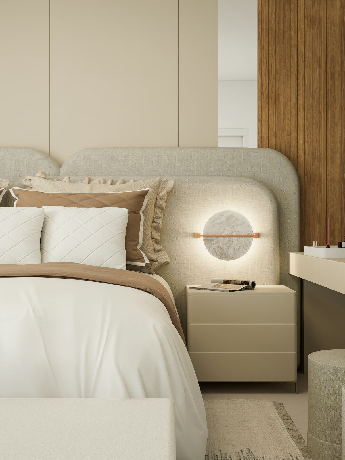 Modern bedroom with neutral tones and stylish lighting