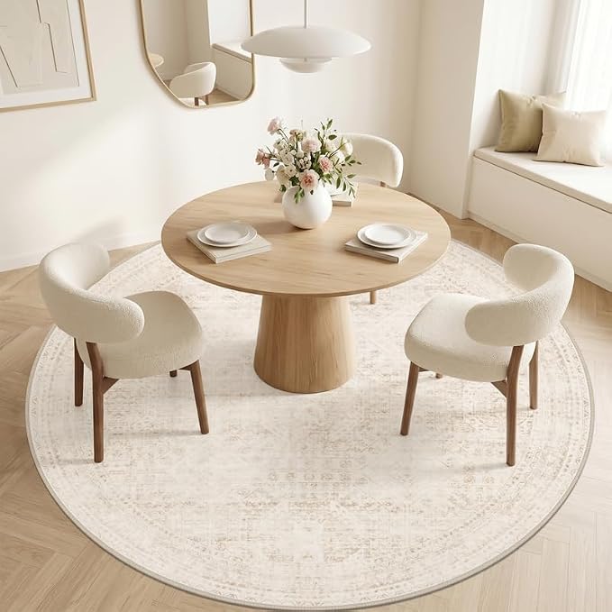 Round Area Rug for Living Room: 8ft Vintage Boho Neutral Washable Circle Rug - Image 2