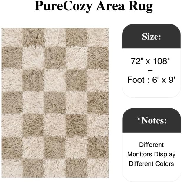 PureCozy Beige 6x9 Area Rugs for Living Room Soft Shag Checkered Large Rug - Image 2