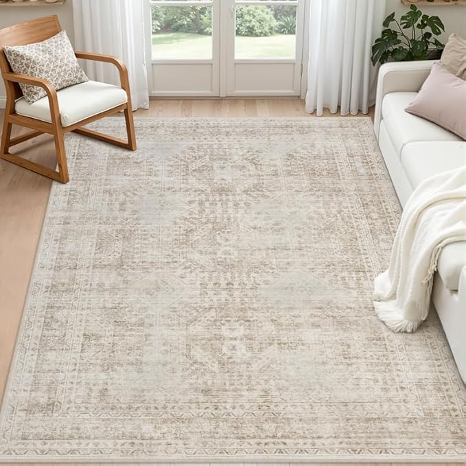 6x9 Area Rugs for Living Room: Vintage Boho Neutral Washable Rug Indoor Soft by Luxturiy