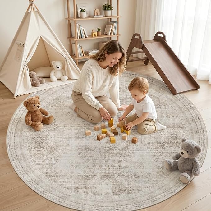 Round Area Rug for Living Room: 6ft Vintage Boho Neutral Washable Circle Rug - Image 3