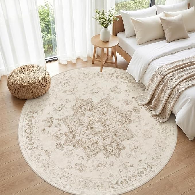 Round Area Rug for Living Room: 8ft Vintage Boho Neutral Washable Circle Rug - Image 4