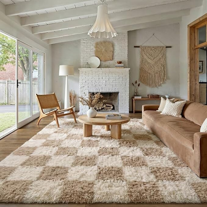 PureCozy Beige 6x9 Area Rugs for Living Room Soft Shag Checkered Large Rug by PureCozy