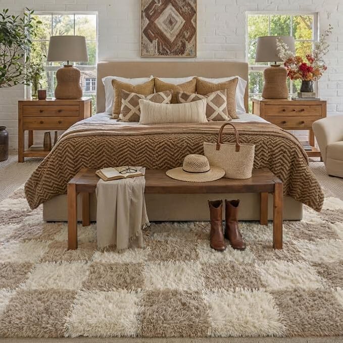 PureCozy Beige 6x9 Area Rugs for Living Room Soft Shag Checkered Large Rug - Image 3