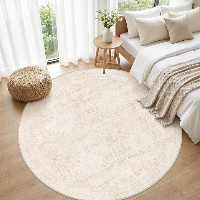 Round Area Rug for Living Room: 8ft Vintage Boho Neutral Washable Circle Rug - Image 4