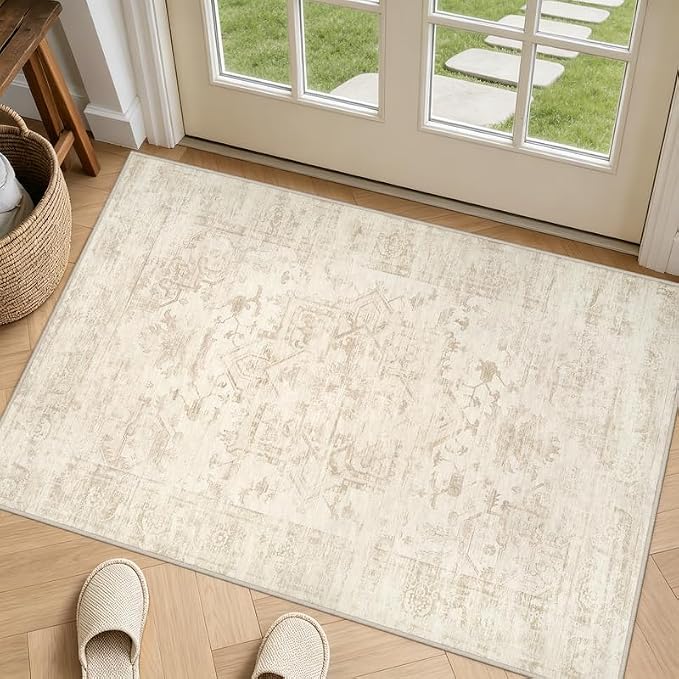 Machine Washable Area Rugs 2x3: Vintage Boho Neutral Washable Rug Indoor Soft by Luxturiy
