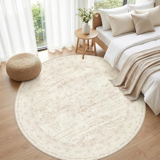 Round Area Rug for Living Room: 8ft Vintage Boho Neutral Washable Circle Rug - Image 4