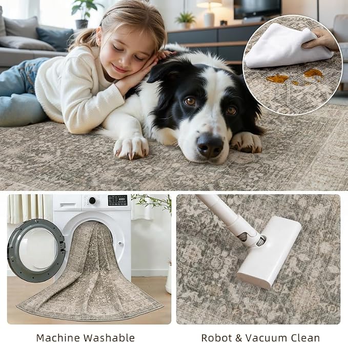 10x14 Area Rug for Living Room: Vintage Boho Neutral Washable Rug Indoor Soft - Image 6