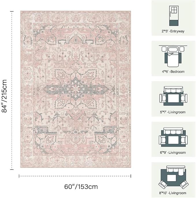 Rugxara Pink Rug for Living Room Bedroom, 5x7 Washable Area Rugs, Cute Boho - Image 2