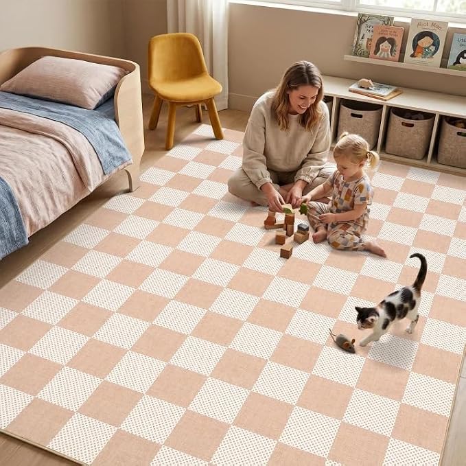 GarveeHome Checkered Blush Beige Neutral Nursery Kids Playroom 4x6 Washable Rug by GarveeHome
