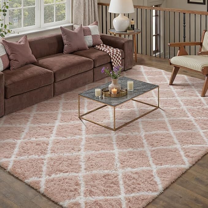 PureCozy 8x10 Checkered Rug for Living Room Pink and White Modern Soft Area Rug - Image 4