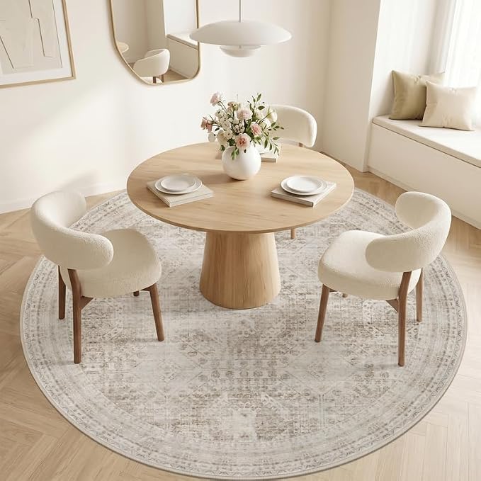 Round Area Rug for Living Room: 6ft Vintage Boho Neutral Washable Circle Rug - Image 2