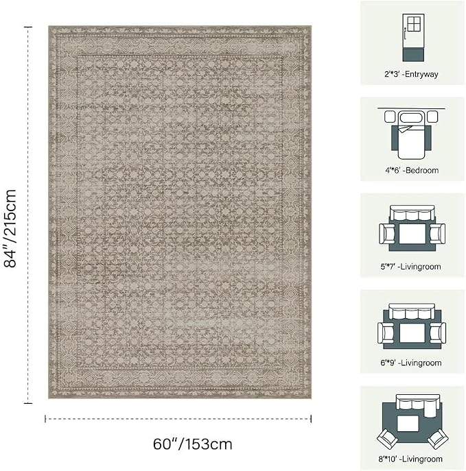 Area Rugs 5x7, Washable Rugs for Living Room, Vintage Boho Rug for Office - Image 2
