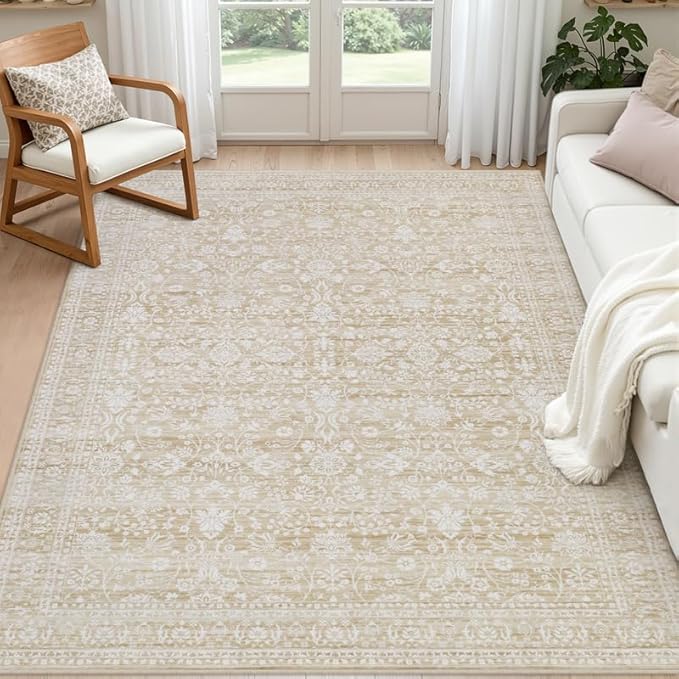 5x7 Area Rugs for Living Room: Vintage Boho Neutral Washable Rug Indoor Soft by Luxturiy