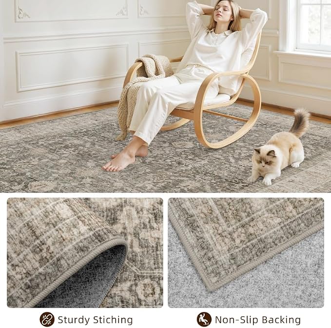 10x14 Area Rug for Living Room: Vintage Boho Neutral Washable Rug Indoor Soft - Image 4