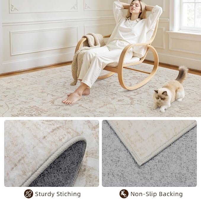 Area Rugs 9x12 Living Room: Vintage Boho Neutral Washable Rug Indoor Soft Large - Image 4