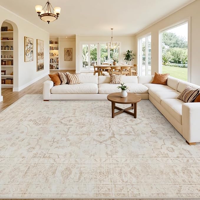 10x14 Area Rug for Living Room: Vintage Boho Neutral Washable Rug Indoor Soft by Luxturiy