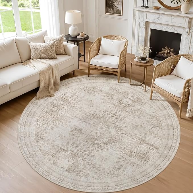 Round Area Rug for Living Room: 6ft Vintage Boho Neutral Washable Circle Rug by Luxturiy