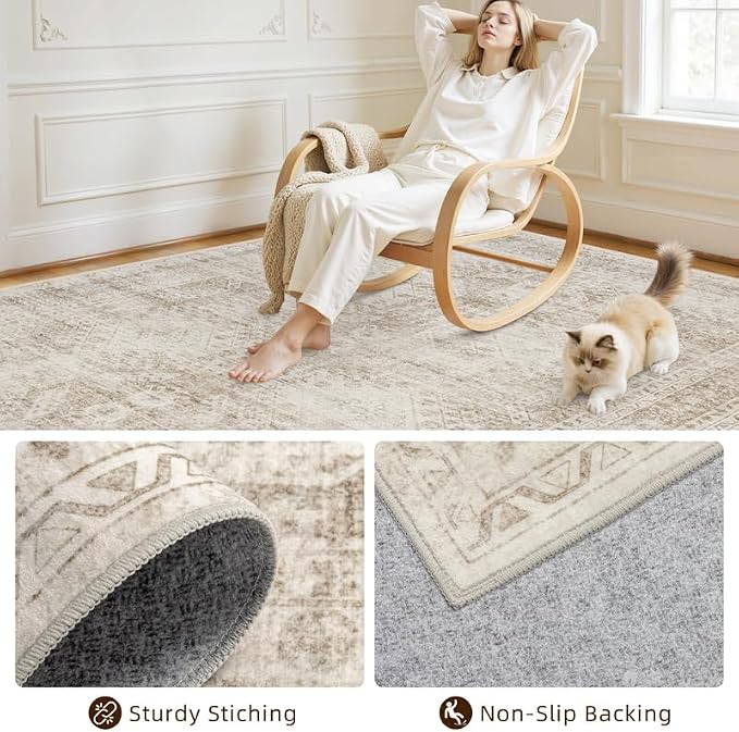 Round Area Rug for Living Room: 6ft Vintage Boho Neutral Washable Circle Rug - Image 7