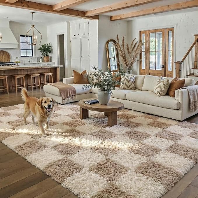 PureCozy Beige 5x8 Area Rugs for Living Room Soft Shag Checkered Large Rug by PureCozy