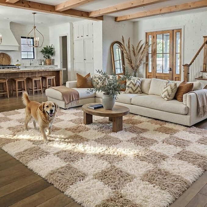 PureCozy Beige 5x7 Area Rugs for Living Room Soft Shag Checkered Large Rug by PureCozy