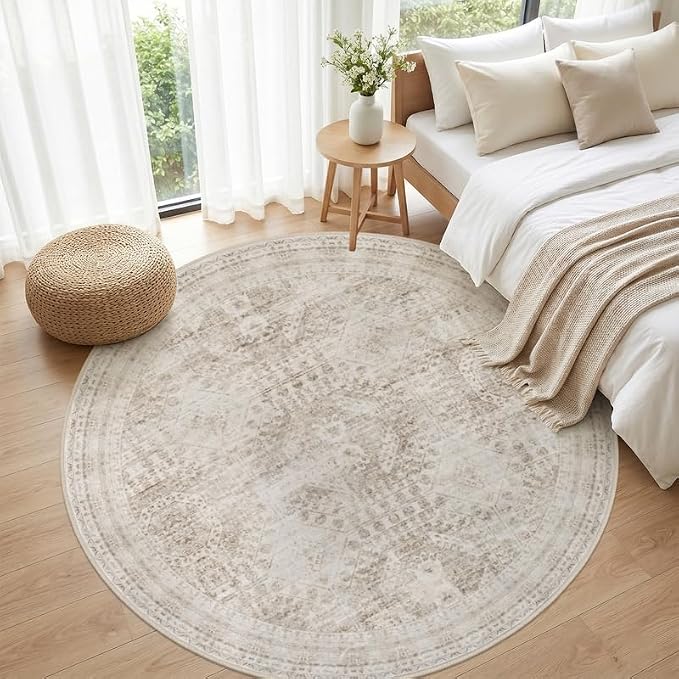 Round Area Rug for Living Room: 6ft Vintage Boho Neutral Washable Circle Rug - Image 4