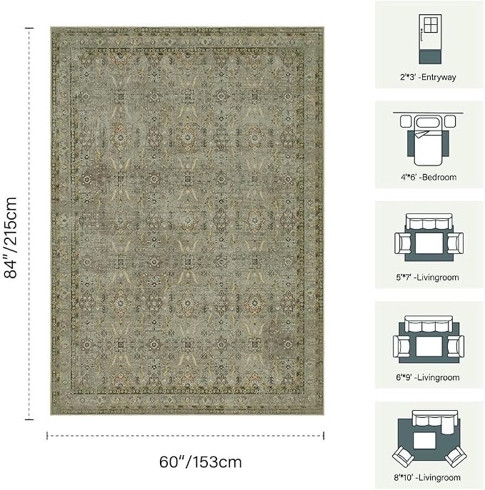 Rugxara 5x7 Area Rugs for Living Room Bedroom, Washable Rug, Vintage Floral - Image 2
