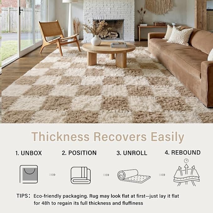 PureCozy Beige 5x7 Area Rugs for Living Room Soft Shag Checkered Large Rug - Image 4