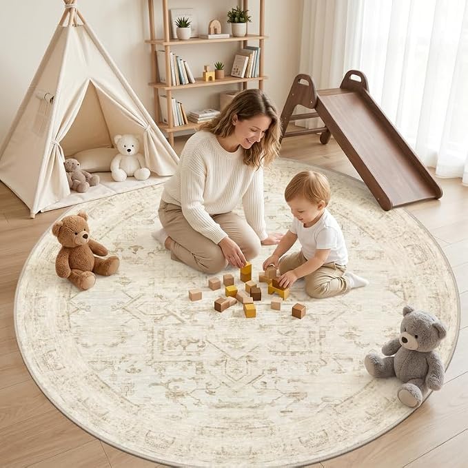 Round Area Rug for Living Room: 6ft Vintage Boho Neutral Washable Circle Rug - Image 3