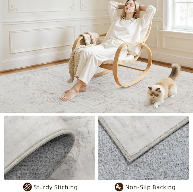 8x10 Area Rugs for Living Room: Vintage Boho Neutral Washable Rug Indoor Soft - Image 4