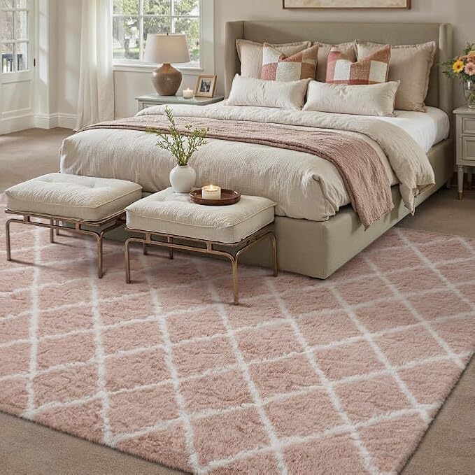 PureCozy 8x10 Checkered Rug for Living Room Pink and White Modern Soft Area Rug - Image 5
