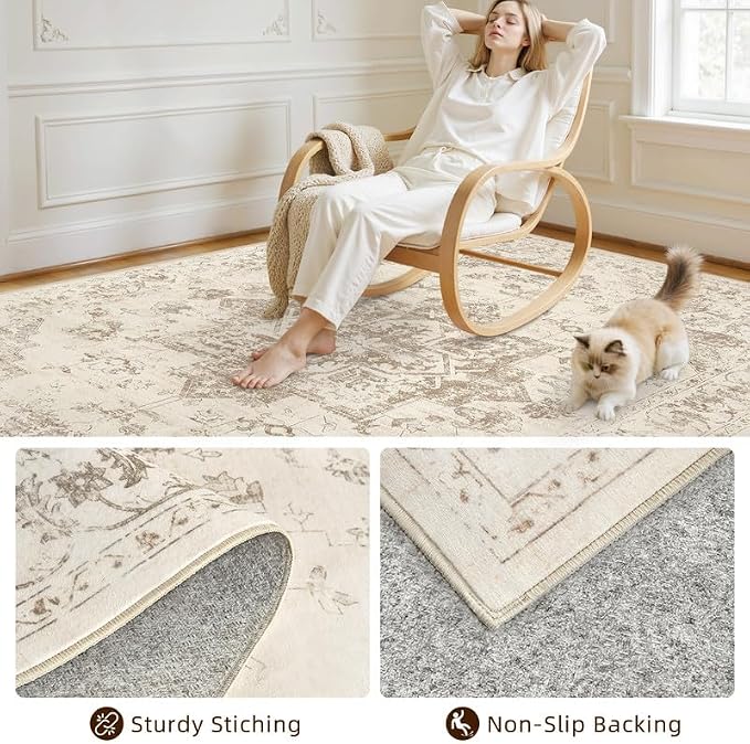 Round Area Rug for Living Room: 8ft Vintage Boho Neutral Washable Circle Rug - Image 7