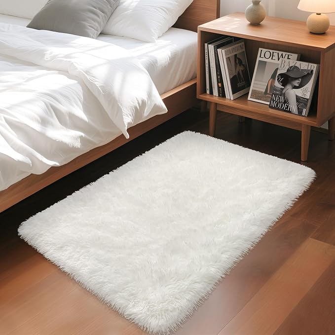 White Fluffy Rug for Bedroom Living Room, 2x3 Small White Area Rug Furry Throw by TENNOLA