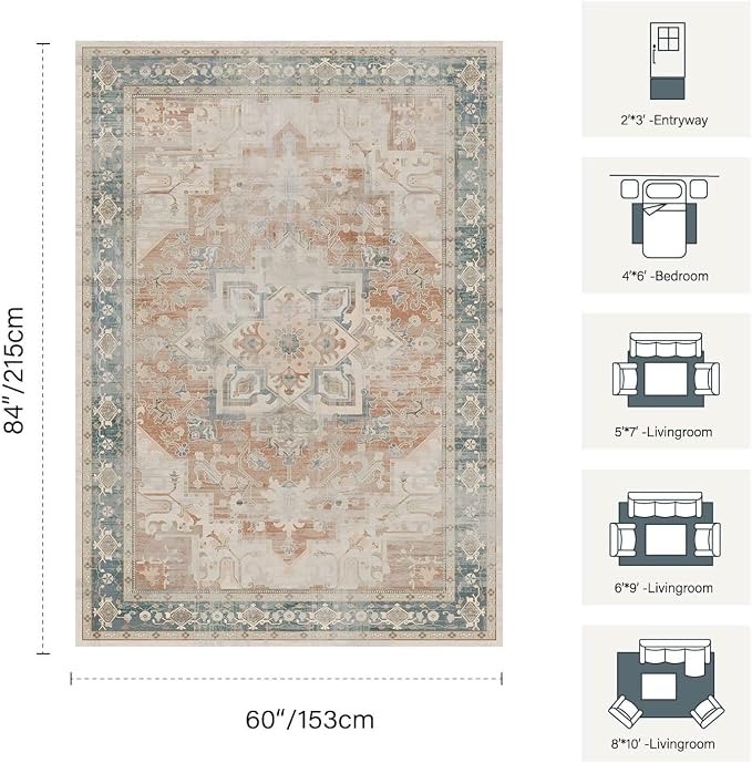 Rugxara 5X7 Washable Area Rug for Living Room, Neutral Vintage Boho Rugs for - Image 2