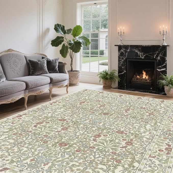 Vintage Light Green Living Room Rug, 8x10 Washable Area Rugs - Image 4