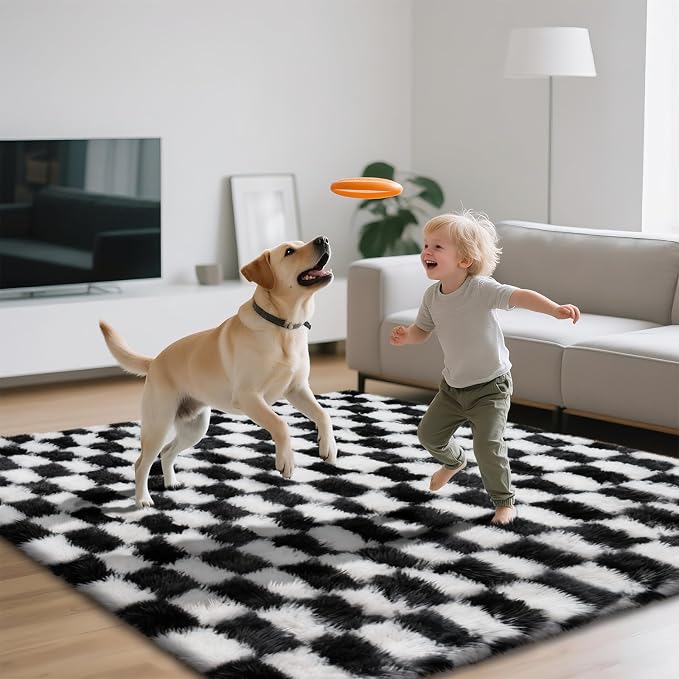 Checkered Area Rugs for Bedroom Living Room, 6x9 Black and White Fluffy Soft - Image 4