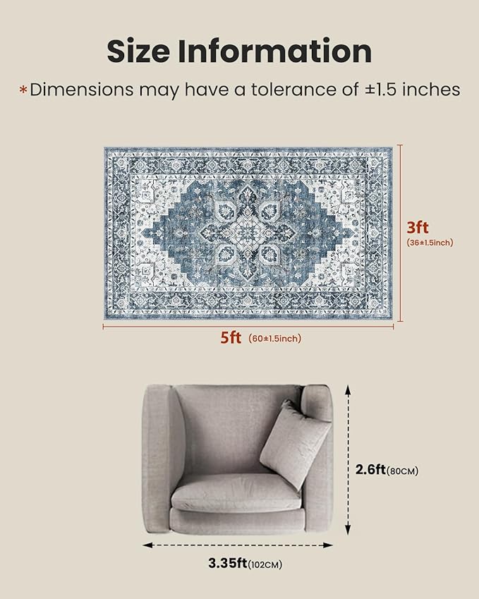AMADA HOMEFURNISHING 3x5 Washable Area Rug, Low-Profile Entryway Rug - Image 2