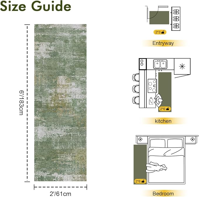 2x6 Ft Washable Runner Rug, Non-Slip Low Pile Hallway Kitchen Area Rug - Image 2