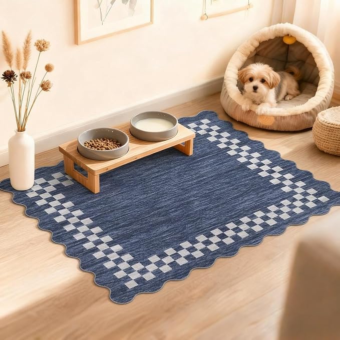 Small Area Rug 2x3 Modern Checkered Entry Rug Solid Color Scalloped Kitchen - Image 2