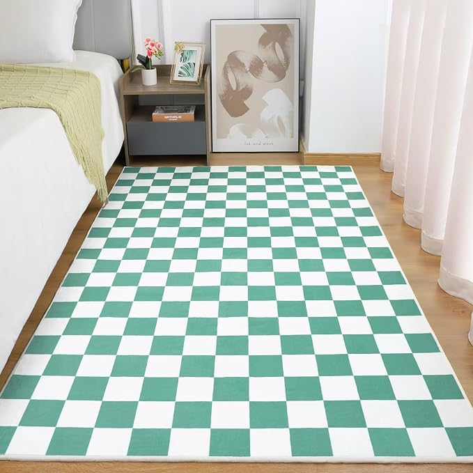 Terrug Green and White Checkered Rug by TerrugHomeDecor