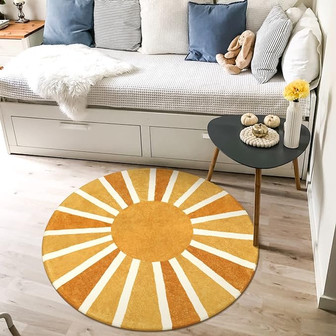 Lahome Sun Round Rug: 3ft Washable & Non-Slip Distressed Boho Rainbow Sun Print - Image 4