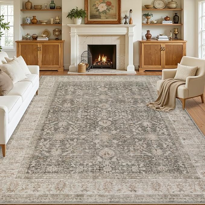 8x10 Area Rugs for Living Room: Vintage Boho Neutral Washable Rug Indoor Soft by Luxturiy