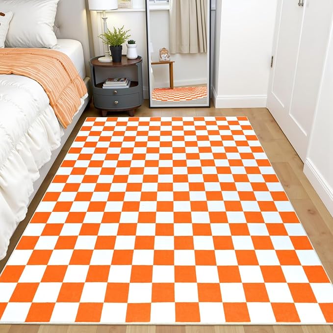 Terrug Orange and White Checkered Rug by TerrugHomeDecor